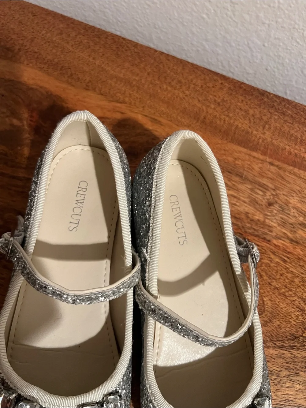 Crewcuts Silver Glitter Mary Jane Flats with Jewel Accents